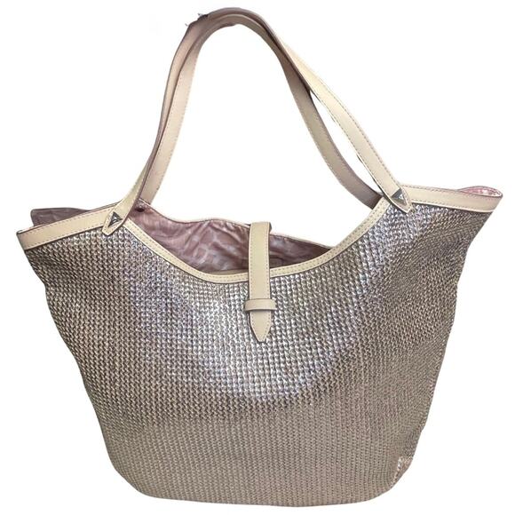 Stella and Dot shoulder bag handbag metallic weave pockets tan silver - Picture 1 of 7